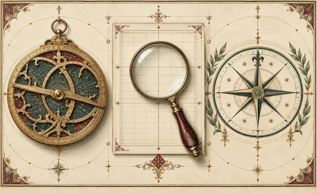 Astrolabium, Leselupe und Kompassrose als drei verschiedene Instrumente