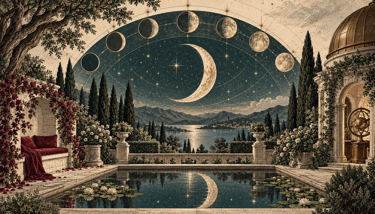 Mond und symbolische Phasen über einem stillen Gartenbecken